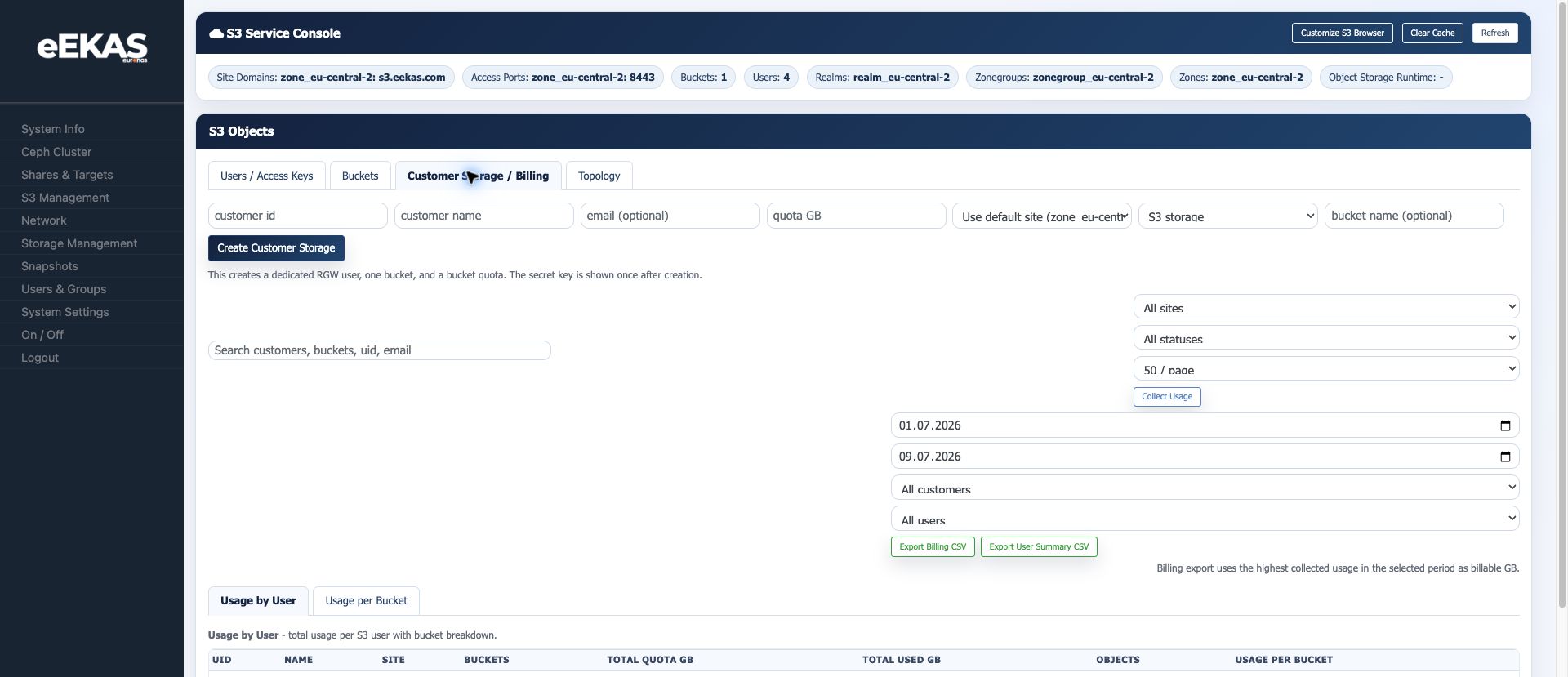 Customer storage and billing