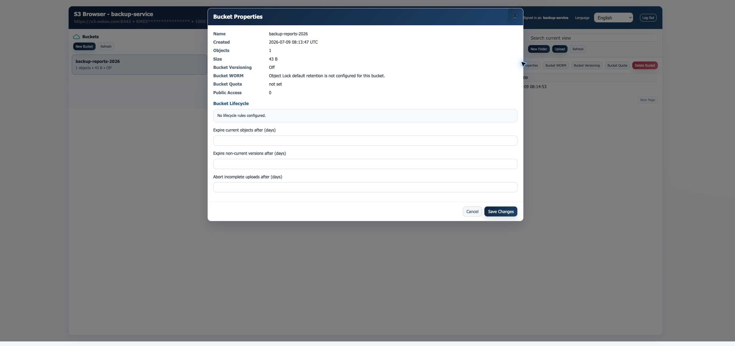 S3 Browser bucket properties