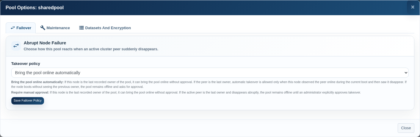 ZFS abrupt node failure policy