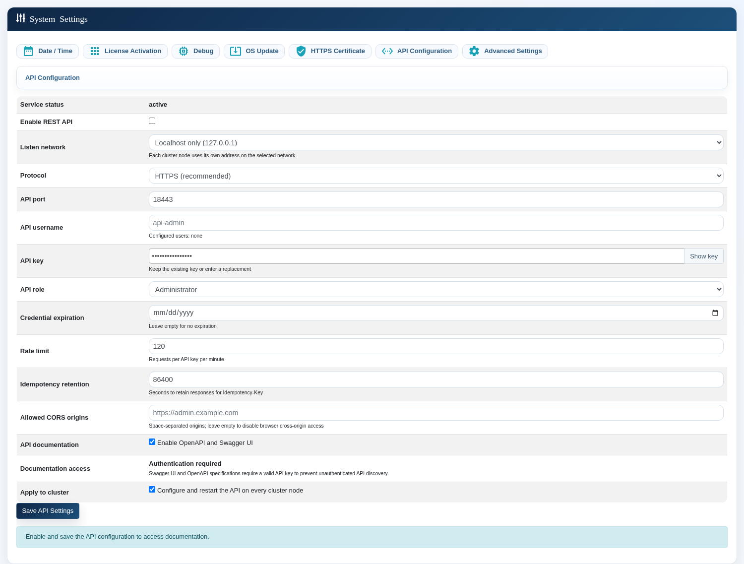 eEVOS REST API settings