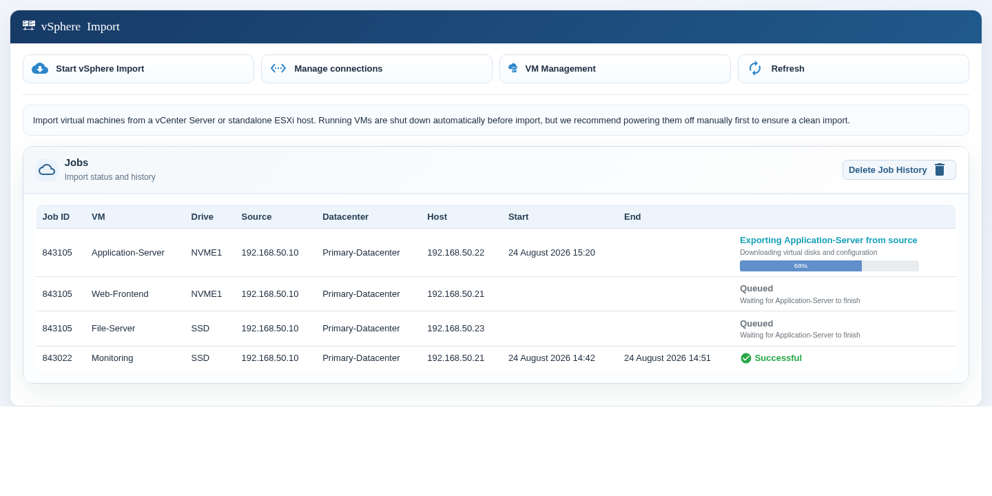vSphere-Importaufträge mit Fortschritt und Warteschlangenstatus