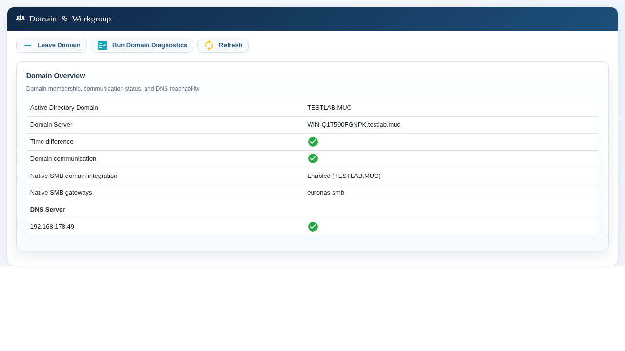 Successful join and enabled eEKAS-managed SMB domain integration.