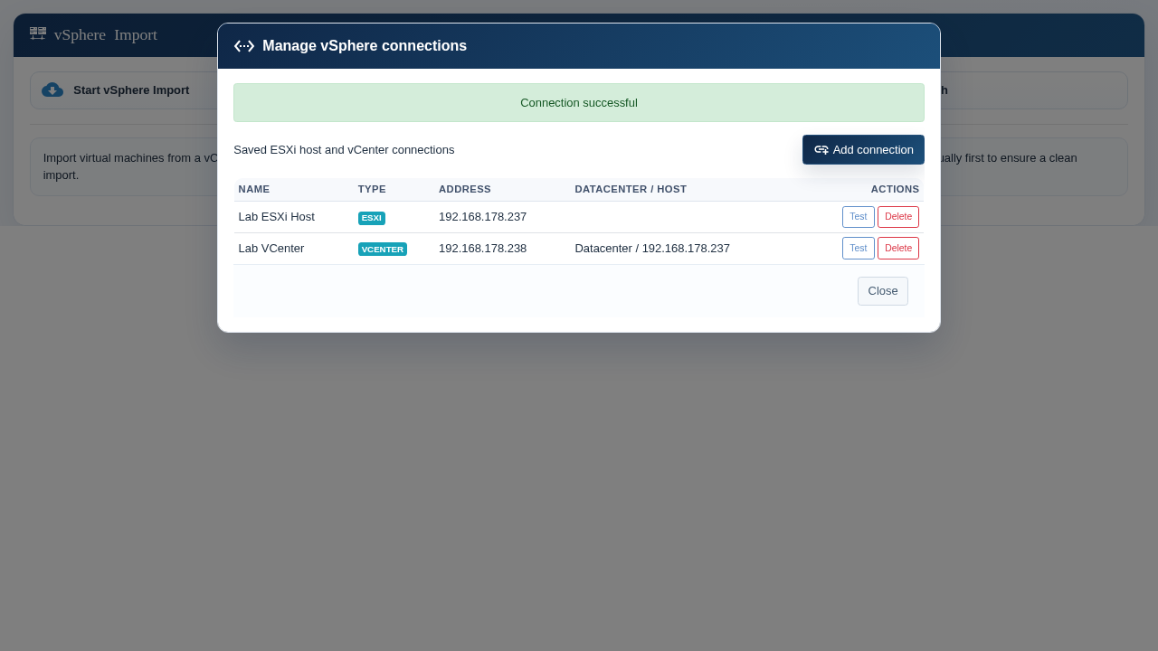 Gespeicherte vSphere-Verbindungen mit erfolgreichem Verbindungstest