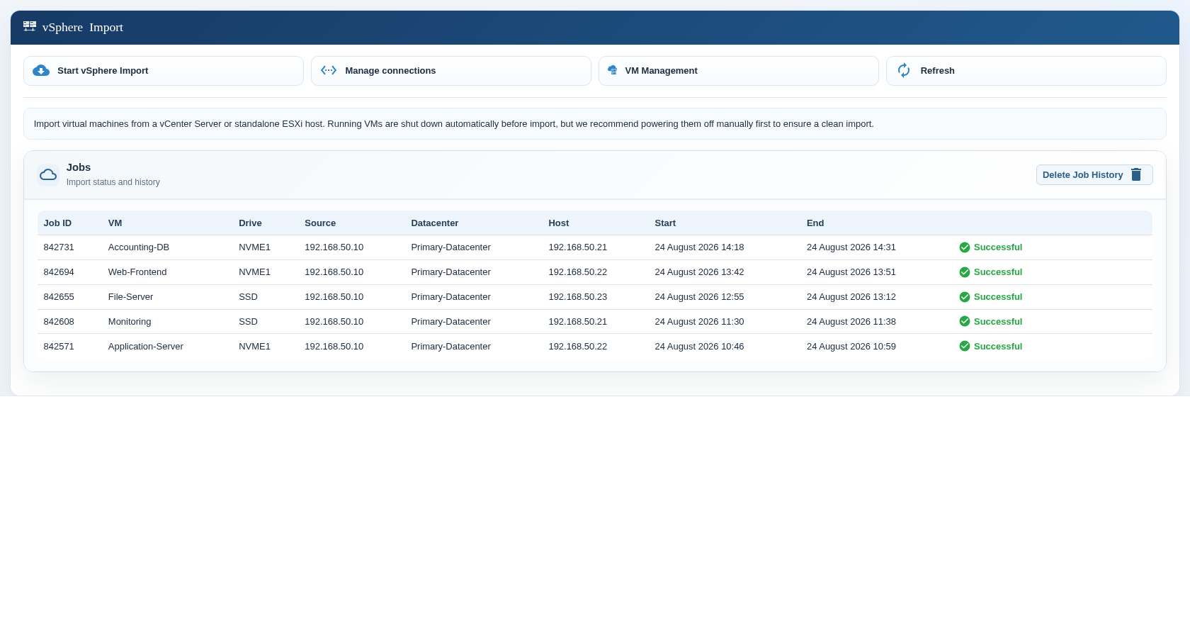 Successfully completed vSphere import jobs