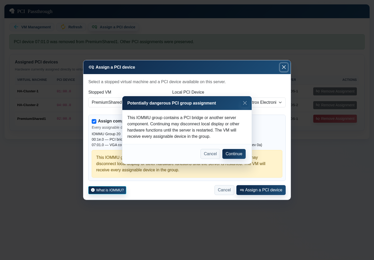 Warning before assigning a potentially dangerous PCI group