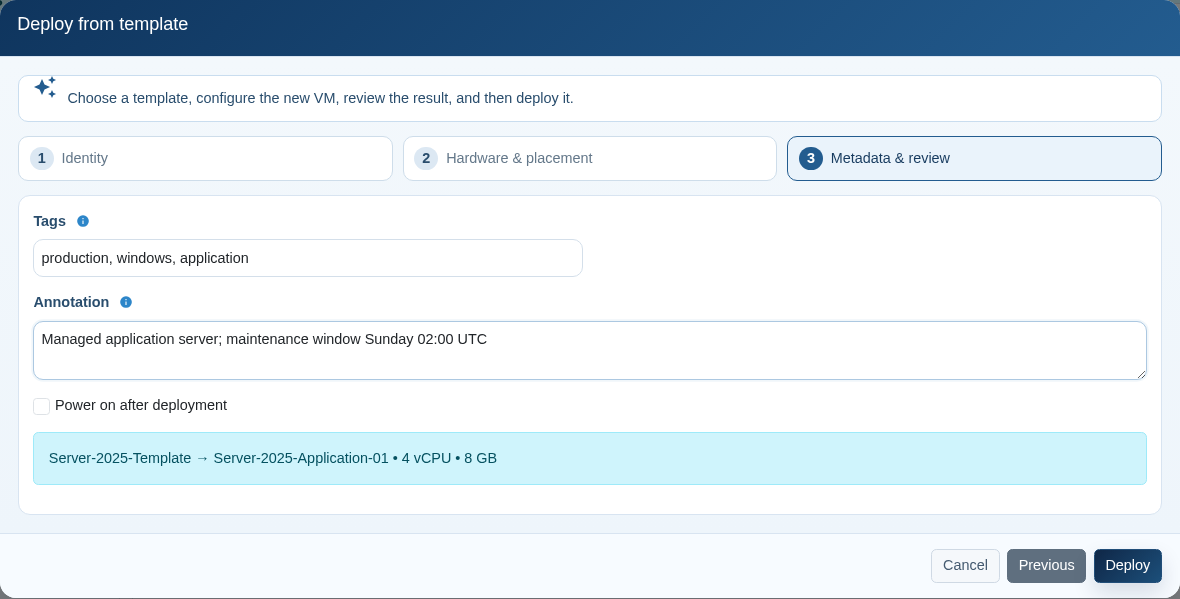 Template deployment metadata and review step