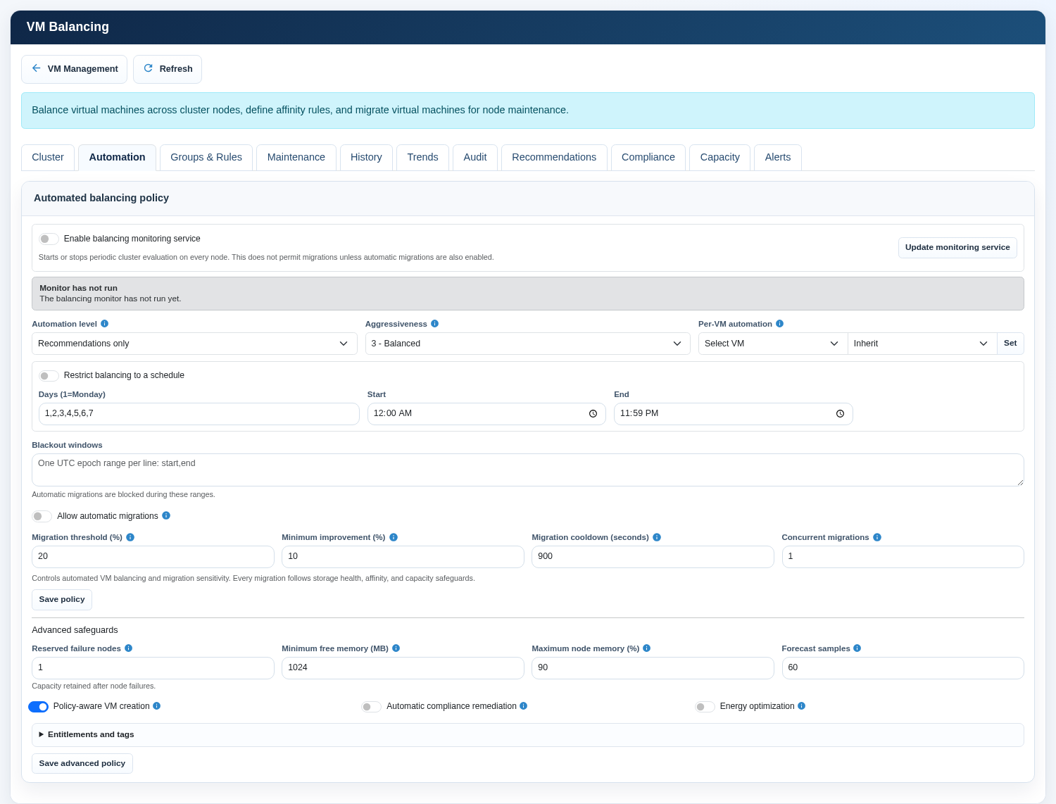 VM Balancing automation policy settings
