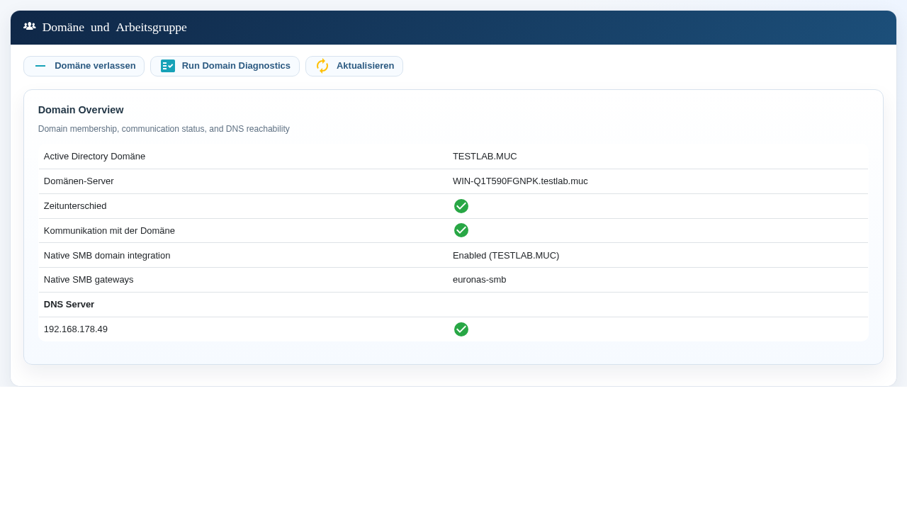 Erfolgreicher Beitritt und aktivierte eEKAS-verwaltete SMB-Domänenintegration.