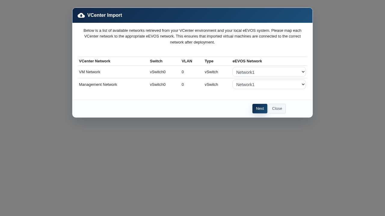 vCenter network mapping during VM import